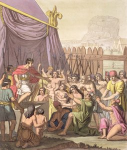 Mayta-Capacs nåd: erbjuder nåd till erövrade stamhövdingar i Caeyaviri, Peru, från "Le Costume Ancien et Moderne", volym I, tavla 18, av Jules Ferrario, publicerad på 1820-30-talen.
